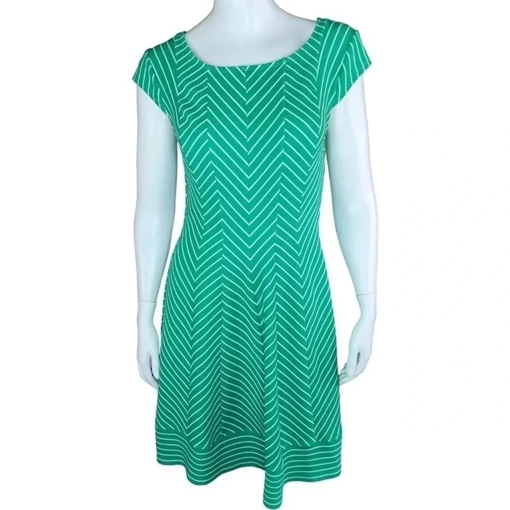 Robbie Bee Womens M Green White Chevron Short Sleeve A-Line Midi Dress Spring